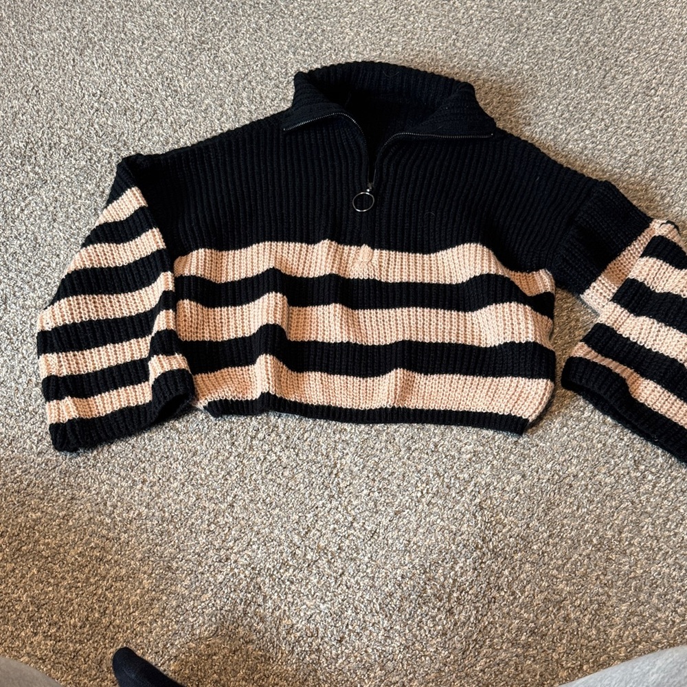 Striped Black and Tan Half-Zip Sweater